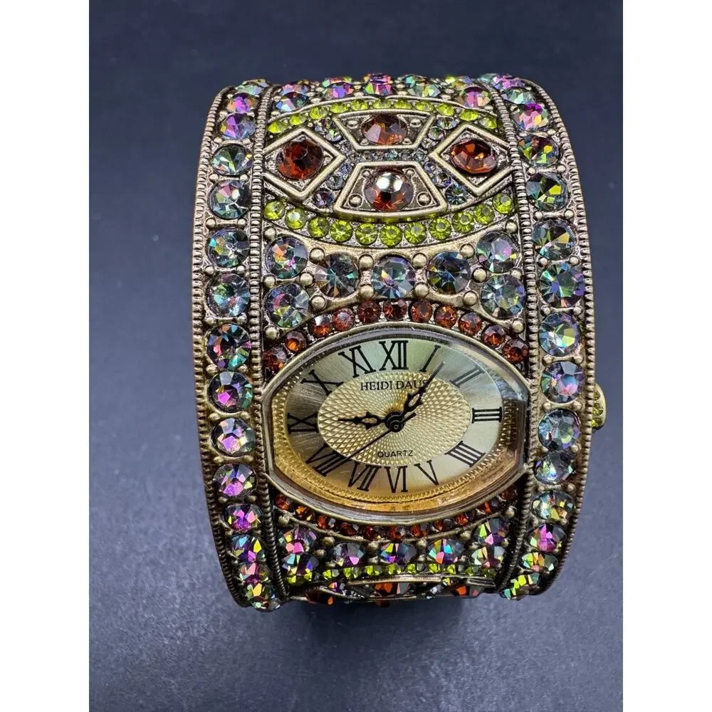 Vintage Heidi Daus B10254 Art Deco Multicolored Gems Cuff Watch Japan Quartz